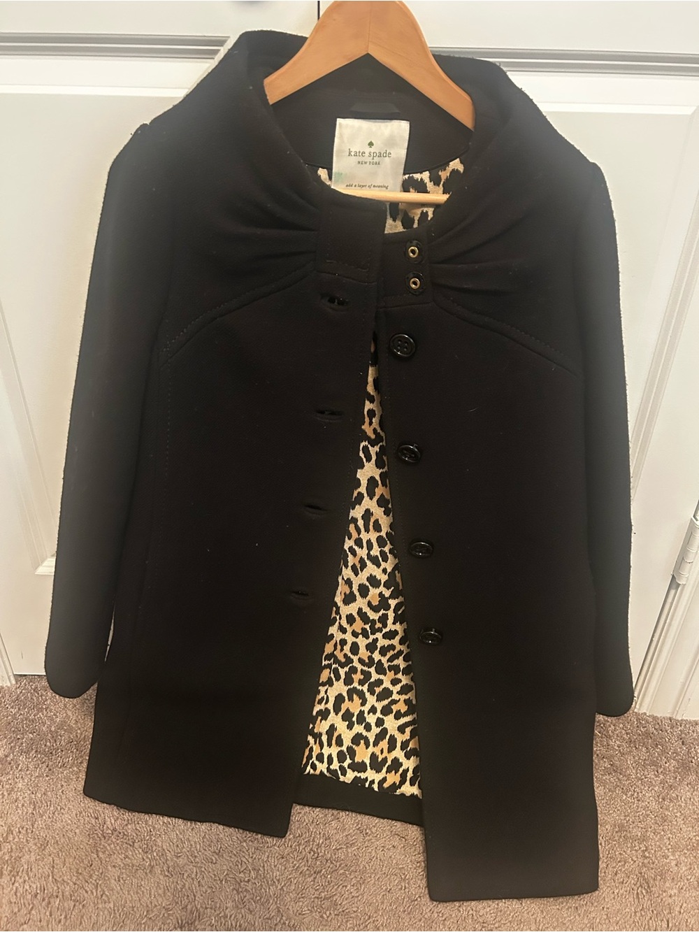kate spade Black Pea Coat with Leopard-Print Lining